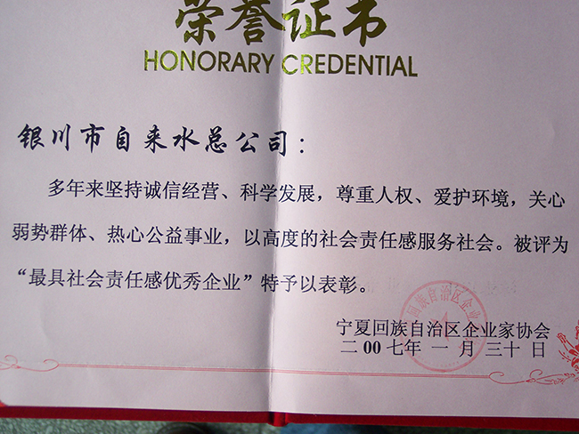 2007年寧夏企業(yè)家協(xié)會(huì)“最具社會(huì)責(zé)任感優(yōu)秀企業(yè)”