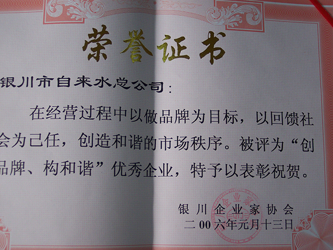 2006年銀川企業(yè)家協(xié)會(huì)“創(chuàng)品牌構(gòu)和諧”優(yōu)秀企業(yè)