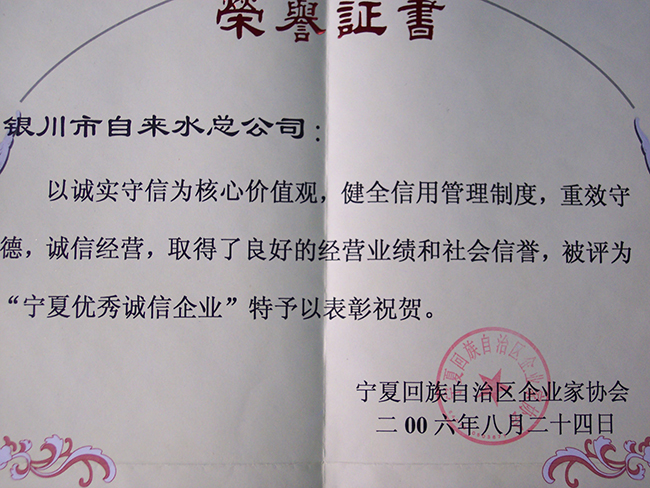 2006年寧夏回族自治區(qū)寧夏優(yōu)秀誠(chéng)信企業(yè)